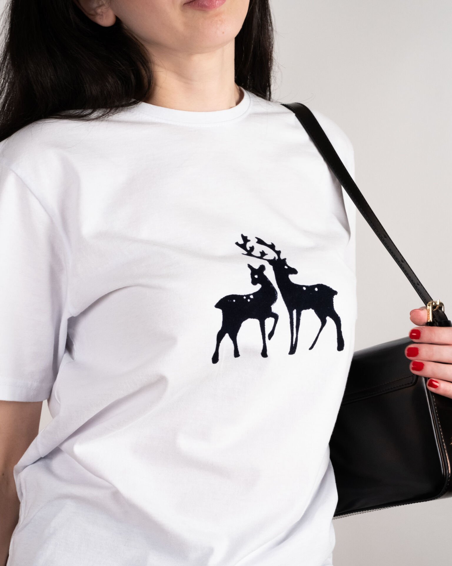 %100 Ege Pamuğu Taş Baskı | Beyaz Geyik Desenli Unisex Oversize Tişört