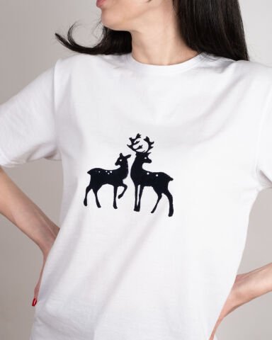 %100 Ege Pamuğu Taş Baskı | Beyaz Geyik Desenli Unisex Oversize Tişört