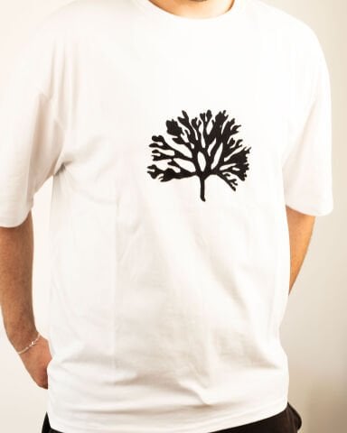 %100 Ege Pamuğu Taş Baskı | Beyaz Renk Hayat Ağacı Desenli Unisex Oversize Tişört