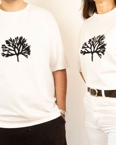 %100 Ege Pamuğu Taş Baskı | Beyaz Renk Hayat Ağacı Desenli Unisex Oversize Tişört