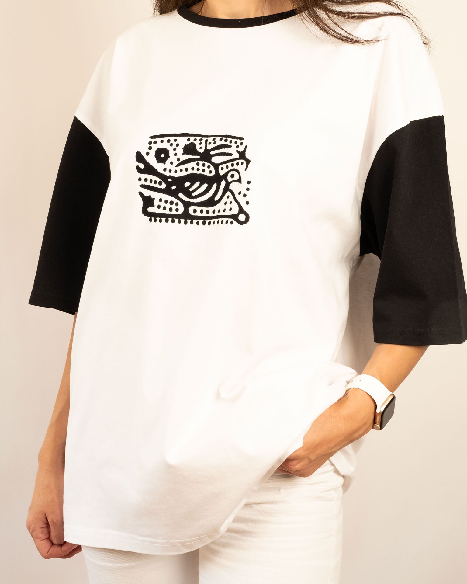 %100 Ege Pamuğu Taş Baskı | Siyah Beyaz Keklik Desenli Unisex Oversize Tişört