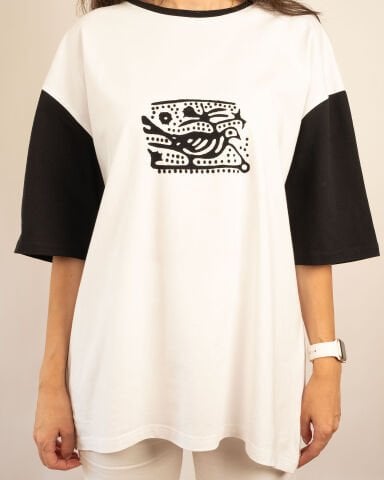 %100 Ege Pamuğu Taş Baskı | Siyah Beyaz Keklik Desenli Unisex Oversize Tişört