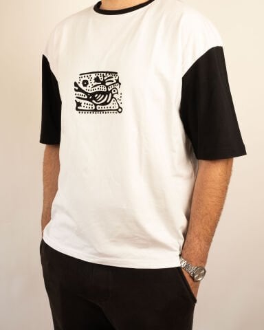 Partridge Patterned Oversized Stone Print T-Shirt (Black-White) – 100% Aegean Cotton