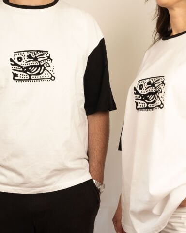 %100 Ege Pamuğu Taş Baskı | Siyah Beyaz Keklik Desenli Unisex Oversize Tişört