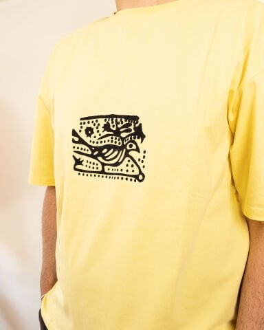 %100 Ege Pamuğu Taş Baskı | Sarı Keklik Desenli Unisex Oversize Tişört