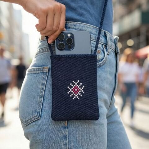 Karacakılavuz Dimi Dokuması Ayva Göbeği Motifli Telefon Çantası 17 x 13 Cm