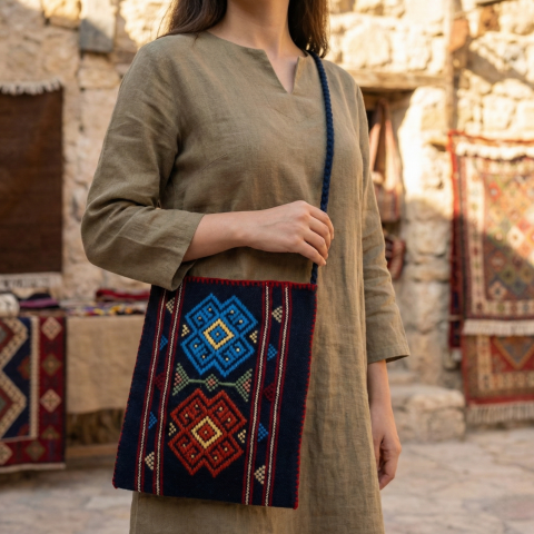 Karacakılavuz Dimi Dokuması Koç Boynuzu Motifli Lacivert Çanta 35 x 30 Cm