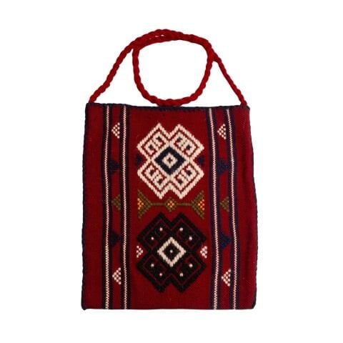 Karacakılavuz Dimi Dokuması Koç Boynuzu Motifli Kırmızı Büyük Çanta 35 x 30 Cm