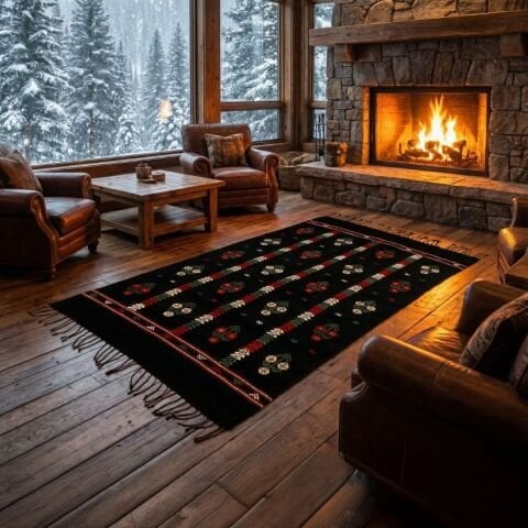 Üç Güller Motifli Siyah El Dokuma Kilim 130x68 Cm Geleneksel El İşçiliği