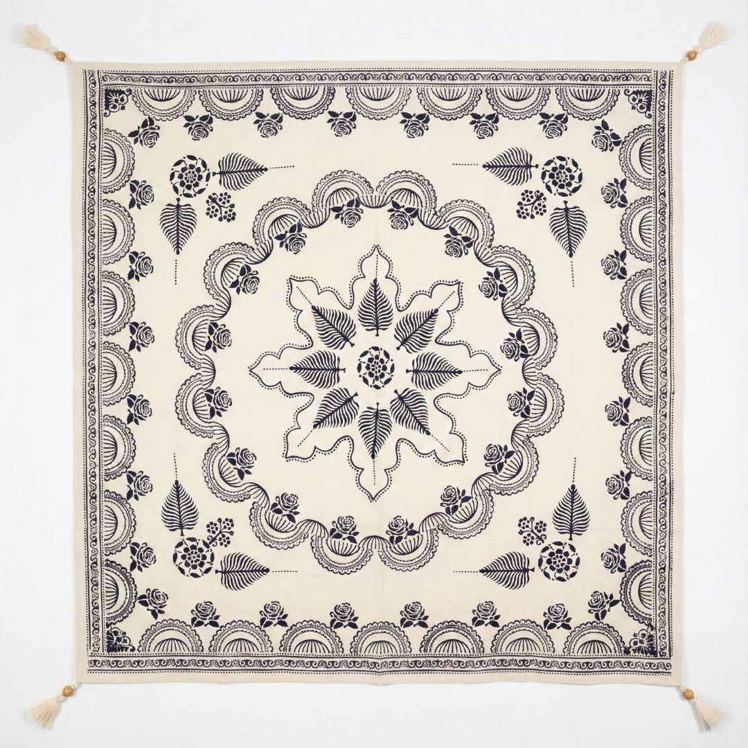 %100 El İşçiliği Kastamonu Taş Baskı Masa Örtüsü 150x150 Cm