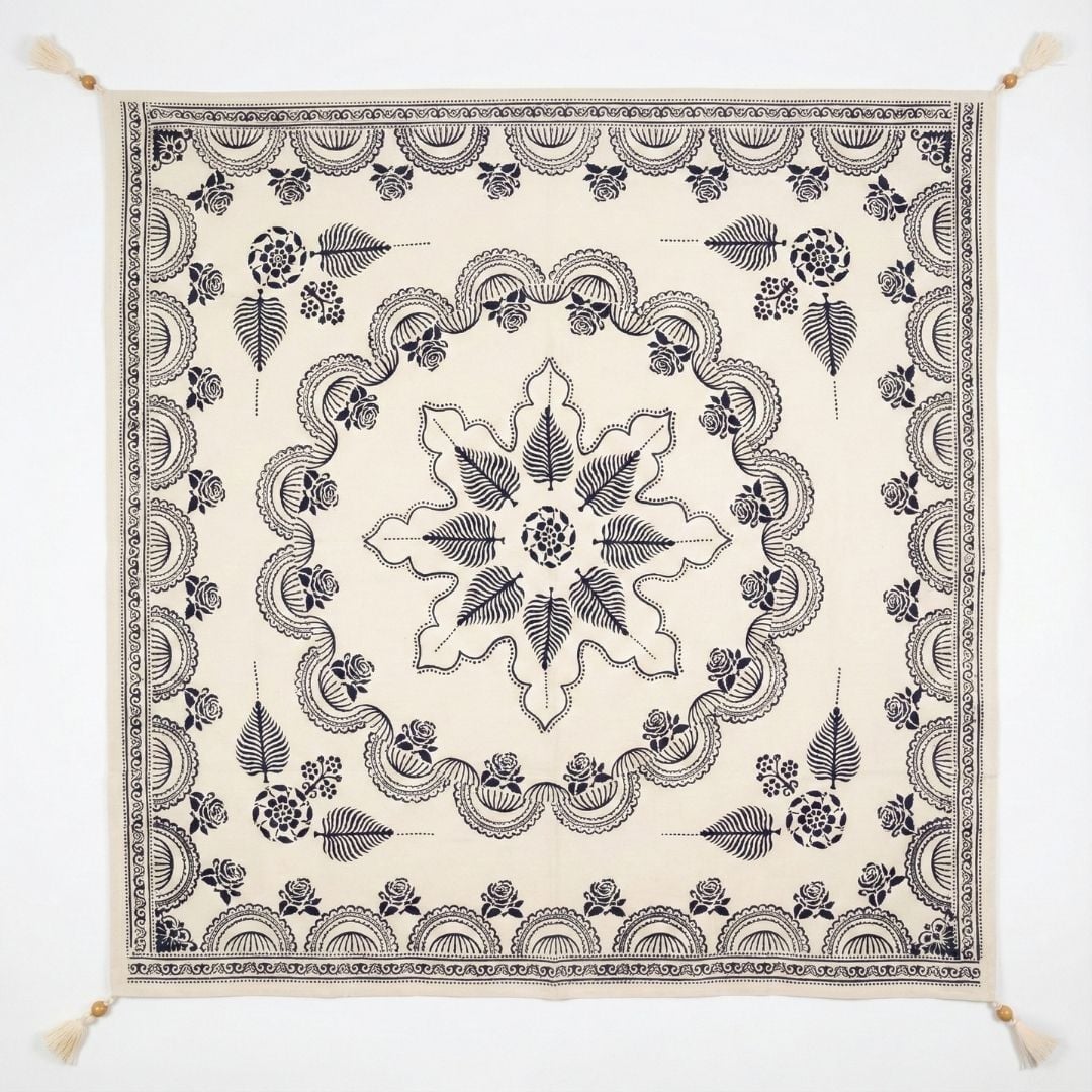 %100 El İşçiliği Kastamonu Taş Baskı Masa Örtüsü 150x150 Cm