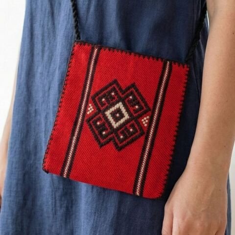 Karacakılavuz Dimi Dokuması Koç Boynuzu Motifli Kırmızı Küçük Çanta 25 x 22 Cm