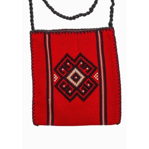 Karacakılavuz Dimi Dokuması Koç Boynuzu Motifli Kırmızı Küçük Çanta 25 x 22 Cm