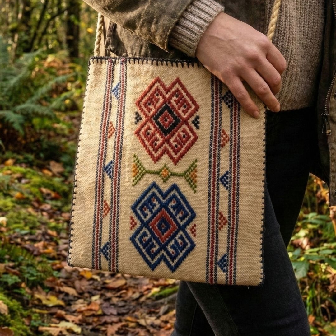 Koç Boynuzu Motifli Dimi Dokuma Bej Büyük Çanta