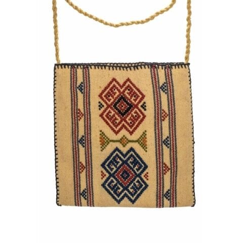 Koç Boynuzu Motifli Dimi Dokuma Bej Büyük Çanta