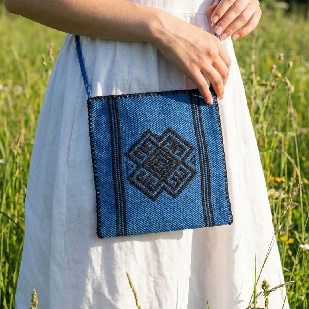 Karacakılavuz Dimi Dokuması Koç Boynuzu Motifli Lacivert Küçük Çanta 25 x 22 Cm