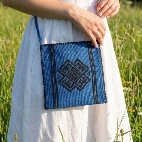 Karacakılavuz Dimi Dokuması Koç Boynuzu Motifli Lacivert Küçük Çanta 25 x 22 Cm