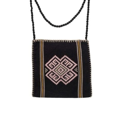 Karacakılavuz Dimi Dokuması Koç Boynuzu Motifli Siyah-Pembe Küçük Çanta 25 x 22 Cm