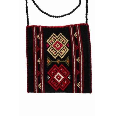 Karacakılavuz Dimi Dokuması Koç Boynuzu Motifli Siyah Büyük Çanta 35x30 Cm