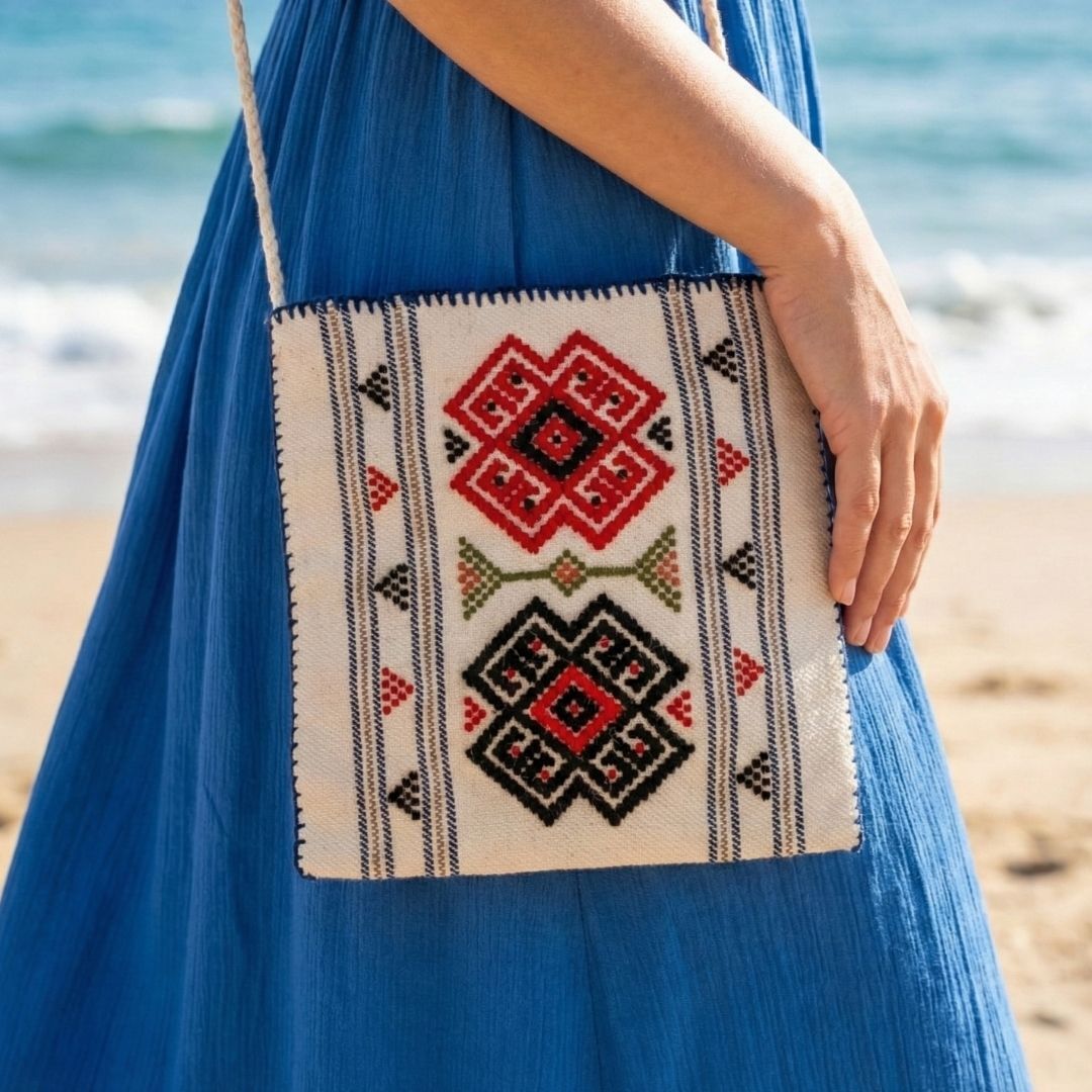 Koç Boynuzu Motifli Dimi Dokuma Bej Büyük Çanta