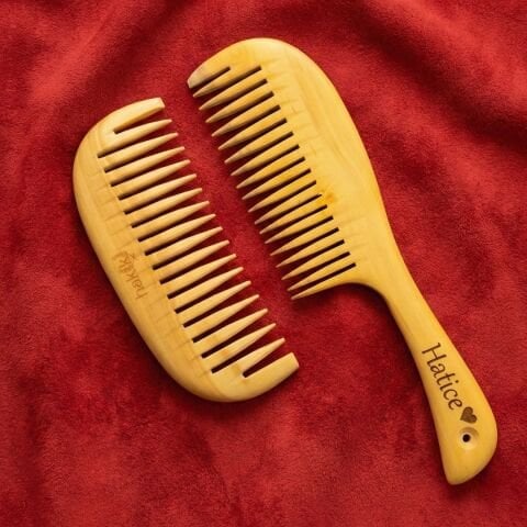 Kişiye Özel 2 Parça Saplı 23 Cm ve Geniş Dişli Şimşir 12 Cm Tarak Seti | El Yapımı Premium