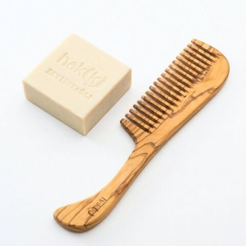 Doğal Zeytinyağlı Sabun & Saplı Zeytin Tarak Seti | %100 Yemeklik Zeytinyağı ile Doğal Saç ve Cilt Bakımı