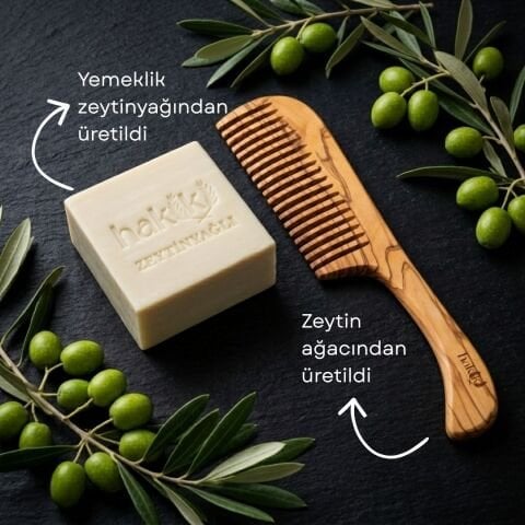 Doğal Zeytinyağlı Sabun & Saplı Zeytin Tarak Seti | %100 Yemeklik Zeytinyağı ile Doğal Saç ve Cilt Bakımı