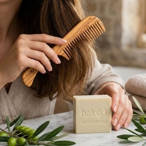 Doğal Zeytinyağlı Sabun & Saplı Zeytin Tarak Seti | %100 Yemeklik Zeytinyağı ile Doğal Saç ve Cilt Bakımı