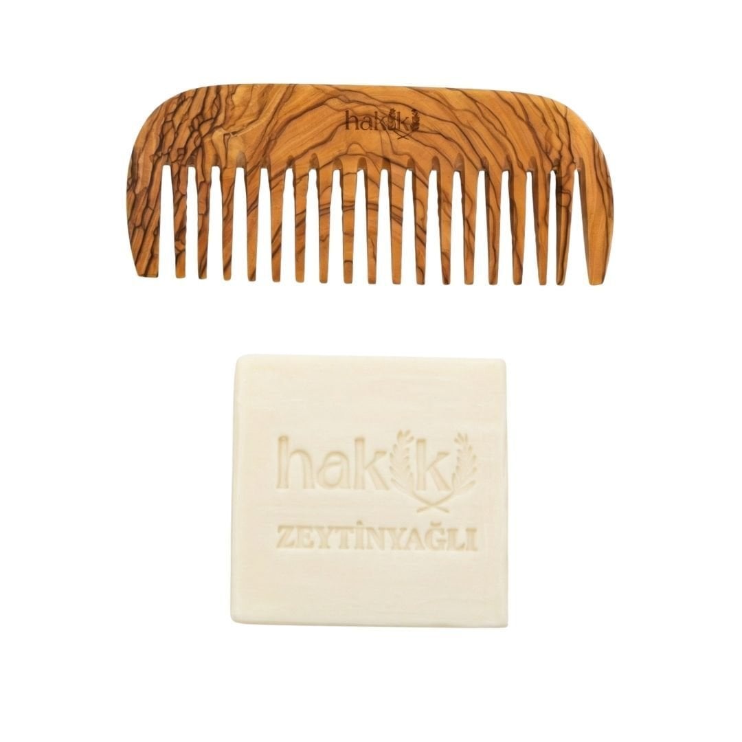 Zeytin Geniş Dişli Tarak & Zeytinyağı Sabunu Seti | %100 Yemeklik Zeytinyağı ile Doğal Saç ve Cilt Bakımı