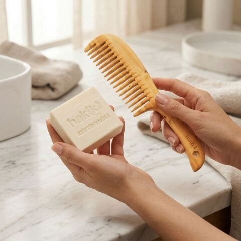 Saplı Şimşir Tarak & Zeytinyağı Sabunu Seti | %100 Yemeklik Zeytinyağı ile Doğal Saç ve Cilt Bakımı