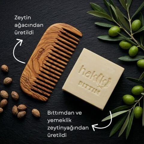 Zeytin Geniş Dişli Tarak & Bıttım Sabunu Seti | Bıttım ve Yemeklik Zeytinyağı ile Doğal Saç ve Cilt Bakımı