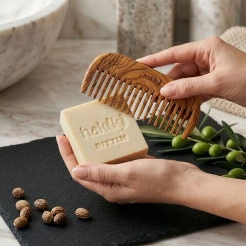 Zeytin Geniş Dişli Tarak & Bıttım Sabunu Seti | Bıttım ve Yemeklik Zeytinyağı ile Doğal Saç ve Cilt Bakımı