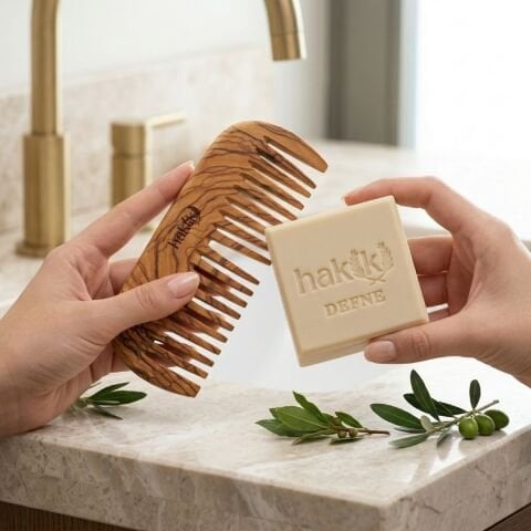 Zeytin Geniş Dişli Tarak & Defne Sabunu Seti | Defne ve Yemeklik Zeytinyağı ile Doğal Saç ve Cilt Bakımı