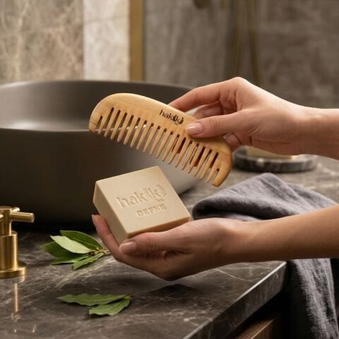 Geniş Dişli Şimşir Tarak & Defne Sabunu Seti | Defne ve Yemeklik Zeytinyağı ile Doğal Saç ve Cilt Bakımı