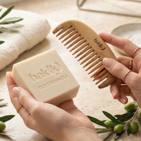 Geniş Dişli Şimşir Tarak & Zeytinyağı Sabunu Seti | %100 Yemeklik Zeytinyağı ile Doğal Saç ve Cilt Bakımı