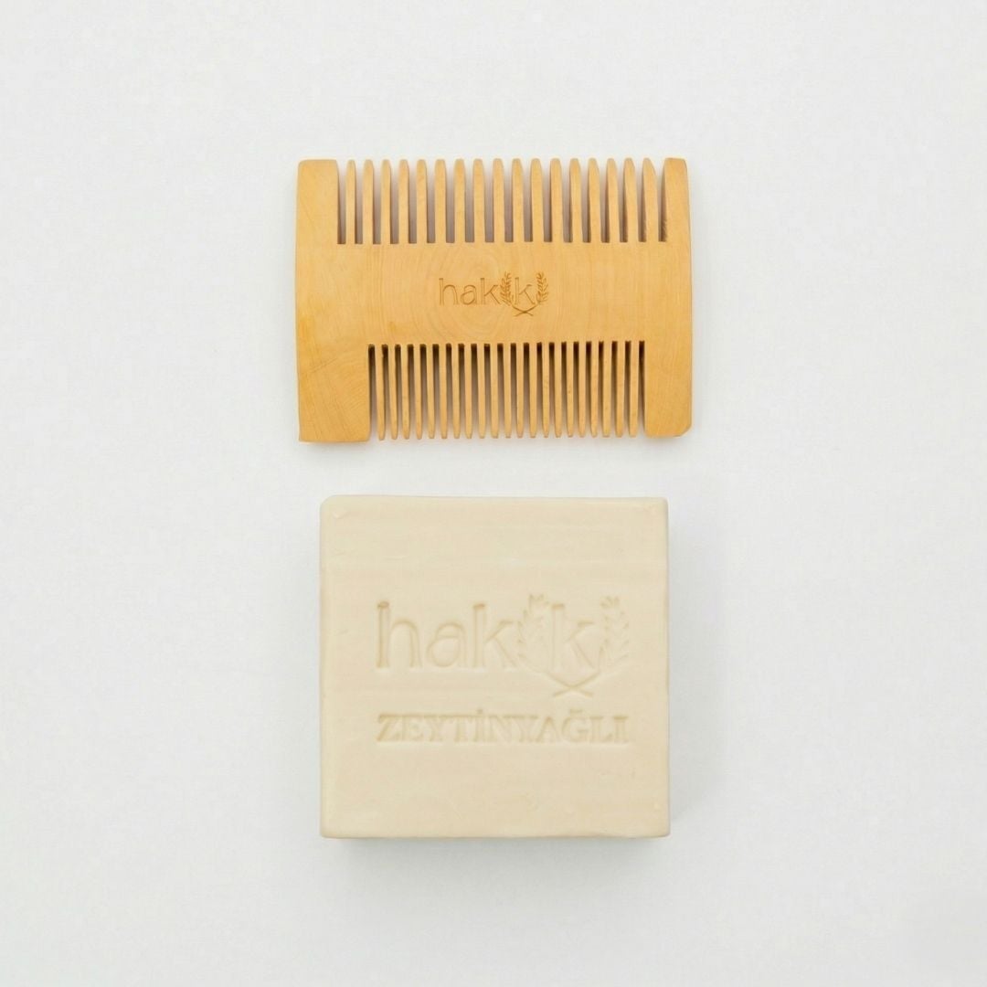 Çift Taraflı Şimşir Tarak & Zeytinyağı Sabunu Seti | %100 Yemeklik Zeytinyağı ile Doğal Saç ve Cilt Bakımı