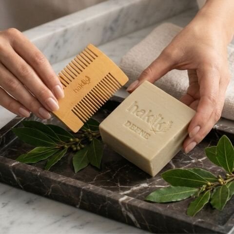 Çift Taraflı Şimşir Tarak & Defne Sabunu Seti | Defne ve Yemeklik Zeytinyağı ile Doğal Saç ve Cilt Bakımı
