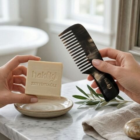Saplı Kemik Tarak & Zeytinyağı Sabunu Seti | %100 Yemeklik Zeytinyağı ile Doğal Saç ve Cilt Bakımı