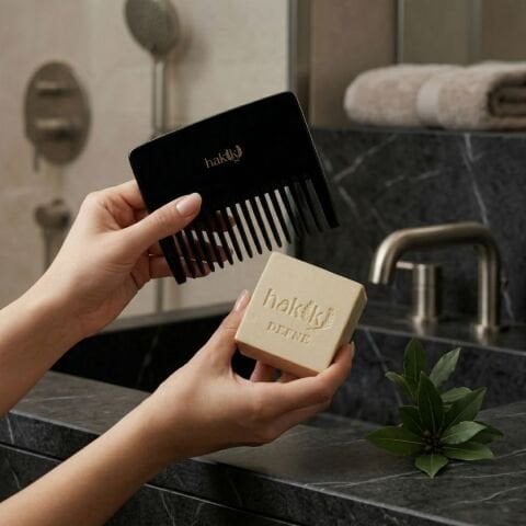 Geniş Dişli Kemik Tarak & Defne Sabunu Seti | Defne ve Yemeklik Zeytinyağı ile Doğal Saç ve Cilt Bakımı