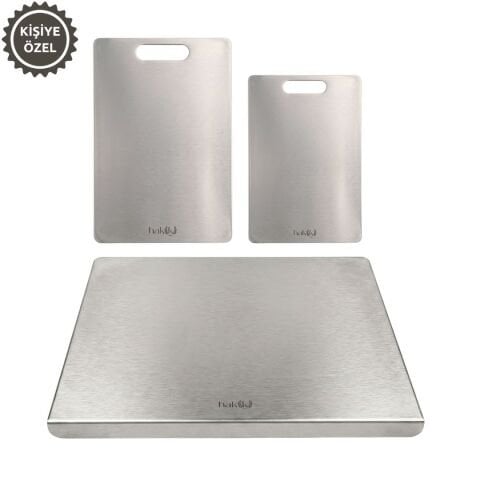 Kişiye Özel 316L Çelik Kesme Tahtası 3’lü Set – 21×32, 28×38 ve 50×60 cm