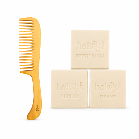 Kişiye Özel Saplı Şimşir Tarak 23 Cm ve Doğal 3'lü Sabun Seti