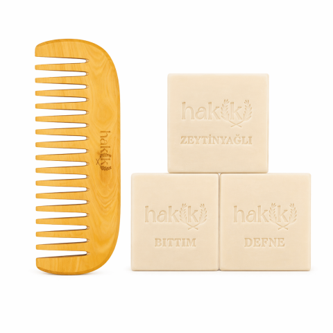 Kişiye Özel Geniş Dişli Şimşir Tarak 12 Cm ve Doğal 3’lü Sabun Seti